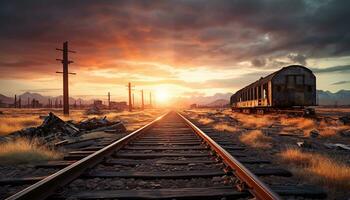 ai gerado pôr do sol sobre Ferrovia acompanhar, natureza beleza dentro movimento gerado de ai foto