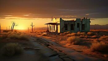 ai gerado pôr do sol sobre abandonado paisagem, natureza beleza dentro crepúsculo gerado de ai foto