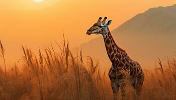 ai gerado girafa em pé dentro africano pôr do sol, natureza beleza gerado de ai foto