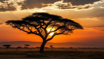 ai gerado silhueta do acácia árvore dentro africano pôr do sol gerado de ai foto