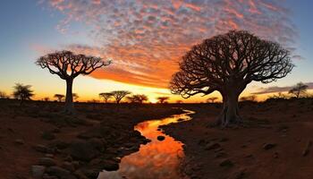 ai gerado silhueta do acácia árvore dentro africano pôr do sol gerado de ai foto