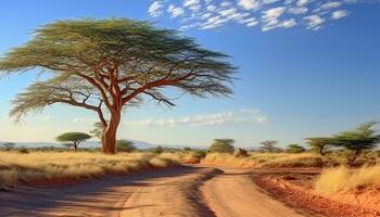 ai gerado africano pôr do sol tintas beleza em seco acácia árvore gerado de ai foto