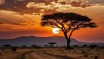 ai gerado silhueta do acácia árvore dentro africano pôr do sol gerado de ai foto