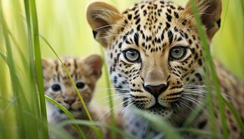 ai gerado jovem tigre olhando fofa dentro a verde Relva gerado de ai foto