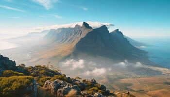 ai gerado majestoso montanha pico, azul céu, e litoral gerado de ai foto