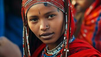 ai gerado sorridente jovem mulher dentro tradicional africano roupas gerado de ai foto