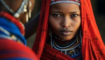 ai gerado jovem africano mulher dentro tradicional roupas, com confiança em pé gerado de ai foto