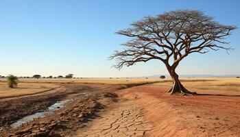 ai gerado africano paisagem, seco savana, acácia árvore, empoeirado planícies gerado de ai foto