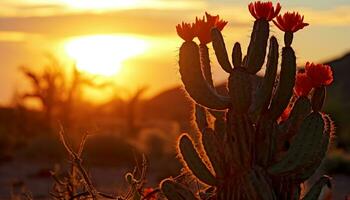 ai gerado vibrante pôr do sol silhuetas natureza beleza dentro árido panorama gerado de ai foto