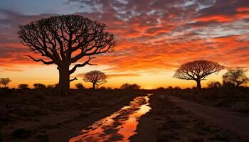 ai gerado silhueta do acácia árvore dentro africano pôr do sol gerado de ai foto