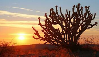 ai gerado silhueta do árvore contra laranja pôr do sol céu gerado de ai foto