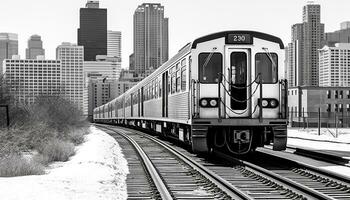 ai gerado cidade vida dentro movimento, trem velocidades através Horizonte gerado de ai foto