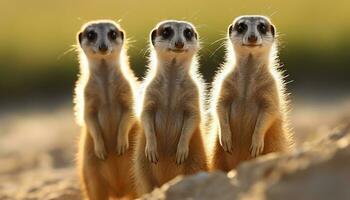 ai gerado fofa meerkat família de pé, assistindo, e encarando ao ar livre gerado de ai foto