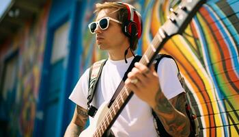 ai gerado sorridente guitarrista jogando acústico guitarra, desfrutando verão gerado de ai foto