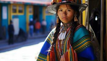 ai gerado sorridente mulheres dentro tradicional roupas, abraçando cultural beleza gerado de ai foto