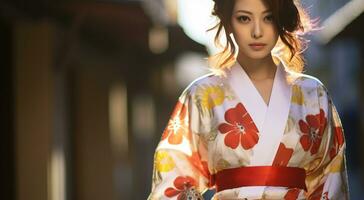 ai gerado lindo jovem mulher dentro tradicional japonês roupas gerado de ai foto