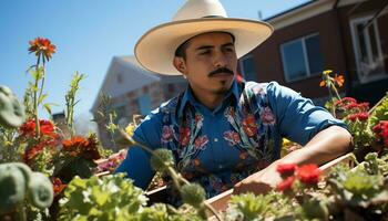 ai gerado sorridente agricultor plantio flores dentro uma verde campo gerado de ai foto