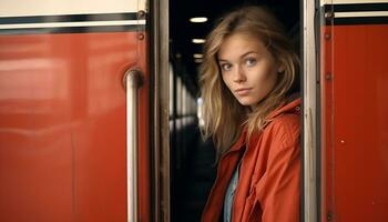 ai gerado jovem mulher olhando às Câmera dentro metrô estação gerado de ai foto