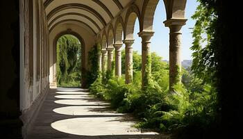 ai gerado antigo Mosteiro, pátio, arco, natureza, história, espiritualidade gerado de ai foto