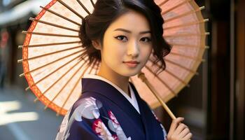 ai gerado lindo jovem mulher dentro tradicional japonês roupas gerado de ai foto