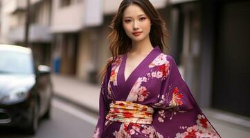 ai gerado jovem mulher dentro tradicional japonês vestir, sorridente com confiança gerado de ai foto