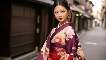 ai gerado jovem mulher dentro tradicional japonês roupas, sorridente com confiança gerado de ai foto