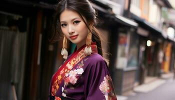 ai gerado sorridente jovem mulher dentro tradicional japonês vestir gerado de ai foto
