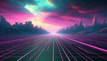 ai gerado futurista paisagem urbana às crepúsculo, brilhando com multi colori luzes gerado de ai foto