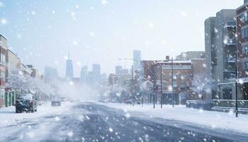 ai gerado nevando paisagem urbana, inverno tráfego, carro, arranha-céu, cidade vida gerado de ai foto