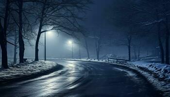 ai gerado inverno noite, Sombrio floresta, Nevado estrada, misterioso desaparecimento ponto gerado de ai foto