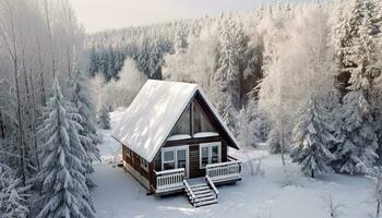 ai gerado inverno paisagem, neve coberto floresta, montanha, e acolhedor chalé gerado de ai foto