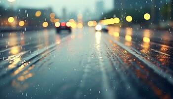 ai gerado borrado movimento, gota de chuva, paisagem urbana, iluminado, molhado rua gerado de ai foto