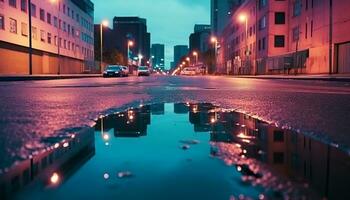 ai gerado noite carro drives através cidade, refletindo arranha-céus gerado de ai foto