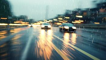 ai gerado borrado movimento, cidade vida, tráfego, chuva, Rapidez gerado de ai foto