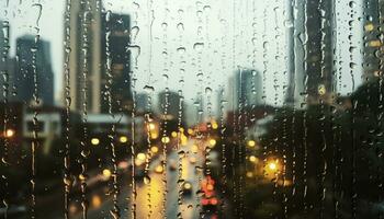 ai gerado gota de chuva em carro janela reflete cidade luzes às noite gerado de ai foto