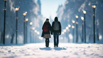 ai gerado dois adultos caminhando dentro a neve às noite gerado de ai foto