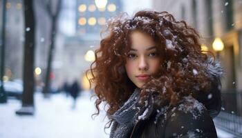 ai gerado sorridente jovem mulher dentro inverno, olhando às Câmera gerado de ai foto