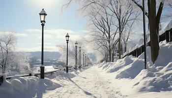 ai gerado inverno paisagem, neve coberto árvore dentro tranquilo floresta gerado de ai foto