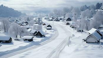 ai gerado tranquilo cena do Nevado montanha panorama e chalé gerado de ai foto