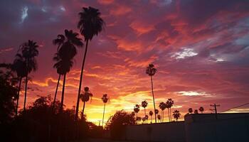 ai gerado silhueta do Palma árvore contra vibrante pôr do sol céu gerado de ai foto