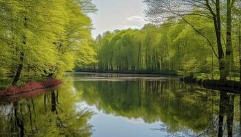 ai gerado tranquilo cena do uma verde floresta refletindo em uma lagoa gerado de ai foto