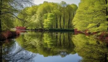 ai gerado tranquilo cena do uma verde floresta refletindo em água gerado de ai foto