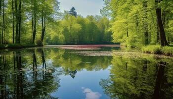 ai gerado tranquilo cena do verde floresta reflete dentro lagoa gerado de ai foto