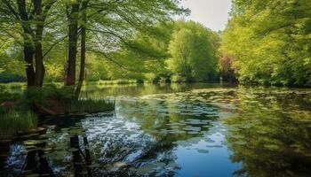 ai gerado tranquilo cena do verde floresta reflete dentro lagoa gerado de ai foto