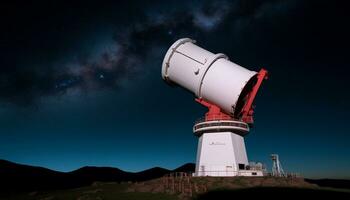 ai gerado noite céu iluminado de azul galáxia, astronomia telescópio assistindo gerado de ai foto