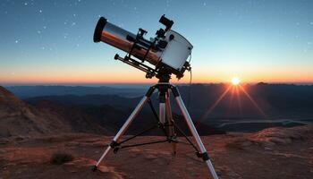 ai gerado mão mantido telescópio captura deslumbrante Estrela trilha dentro natureza gerado de ai foto