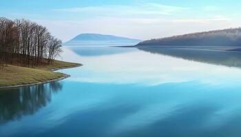 ai gerado tranquilo cena do azul água reflete montanha panorama gerado de ai foto