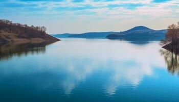 ai gerado tranquilo cena do azul água reflete montanha panorama gerado de ai foto