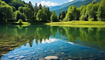 ai gerado majestoso montanha pico reflete dentro tranquilo lagoa gerado de ai foto