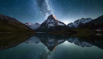 ai gerado majestoso montanha pico reflete estrelado noite céu gerado de ai foto